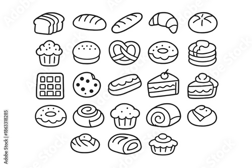 Assortment of Line Art Bakery Icons on Grey Background