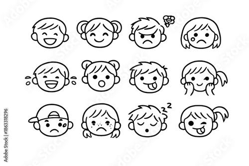 Cute cartoon kids faces with different emotions