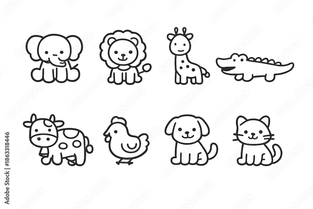 Obraz premium Cute Kawaii Animals - Set of 8 Icons
