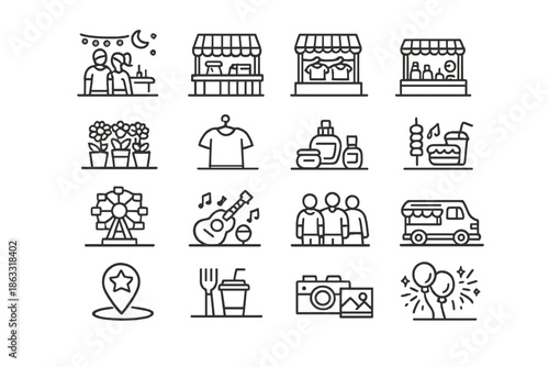 Collection of festival and event line icons on dark background