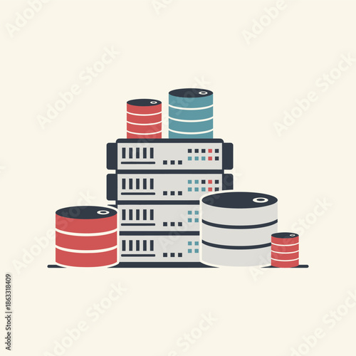 Illustration of server racks and database cylinders representing data storage and technology infrastructure.