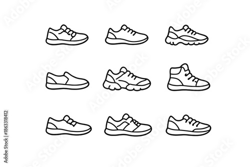 Collection of nine white sneaker icons on a grey background