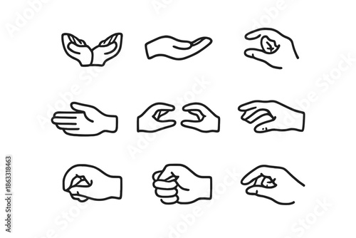 Set of nine hand gesture line icons on a grey background