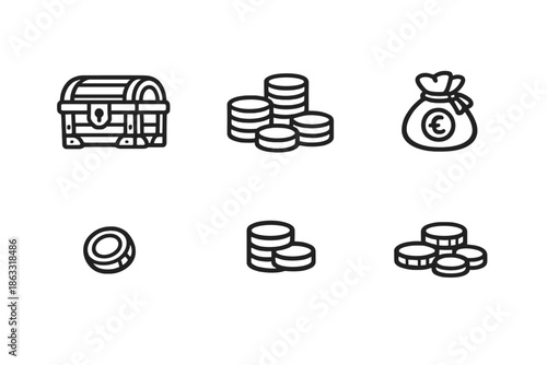 Treasure chest, coin stacks, and money bag icons