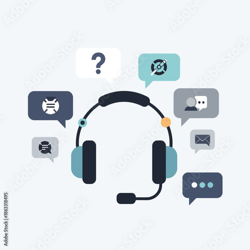 Illustration of a customer service headset surrounded by communication icons and speech bubbles representing online support.