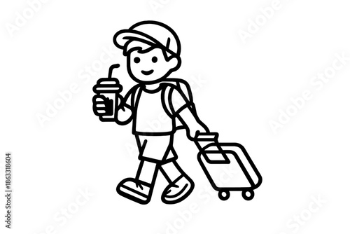 Boy with suitcase and drink walking