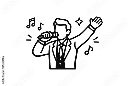 Singer performing with microphone and musical notes