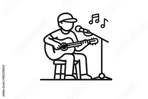 Musician playing guitar and singing into microphone with musical notes