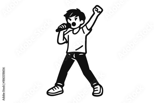 Cartoon man singing with microphone and raised fist