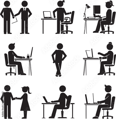 Professional office activity pictograms depicting employees teamwork and daily tasks high resolution vector