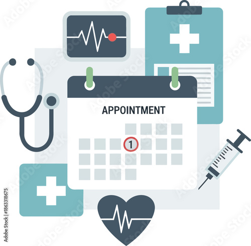 Healthcare appointment scheduling and medical services concept with various health icons and tools.