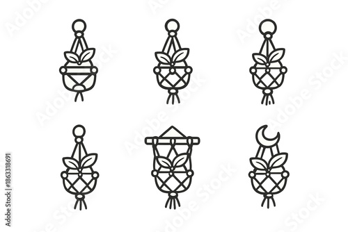 Set of hanging macrame plant holder icons