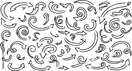 Intricate black and white line art design with swirling patterns and shapes