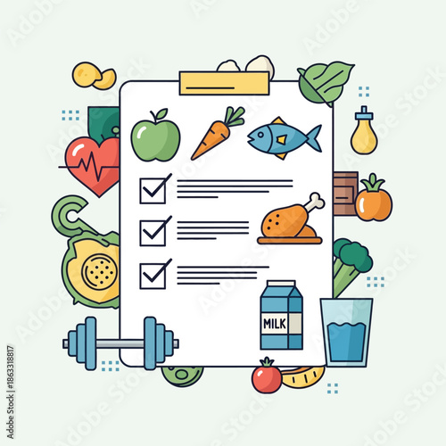 A colorful illustration of a healthy diet and fitness plan, featuring a checklist on a clipboard surrounded by nutritious food items and exercise equipment.