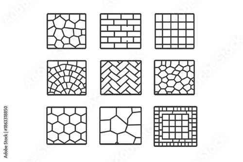 Nine square tiles with different paving patterns