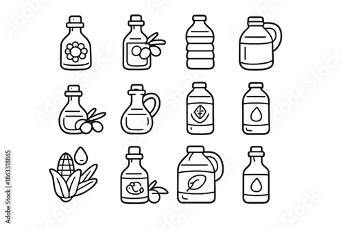 Oil bottle icons, oils and ingredients collection