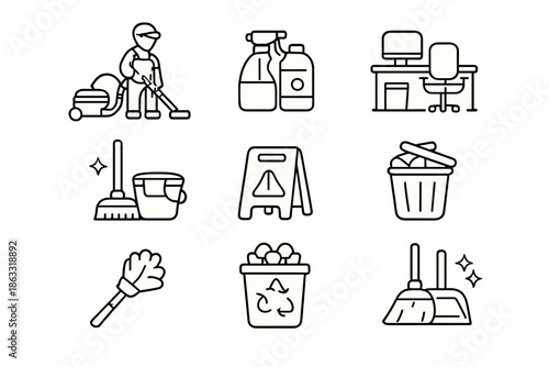Set of cleaning icons on a gold background