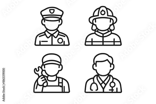 Icons of professions: police officer, firefighter, mechanic, doctor