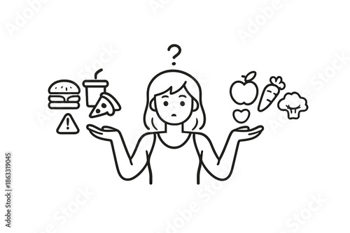 Person contemplating healthy vs unhealthy food choices