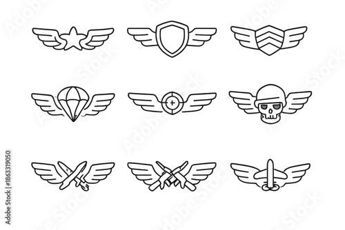 Military wings icons with aircraft and skull
