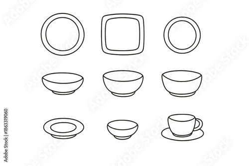 Line art of various dishware items on a gradient background