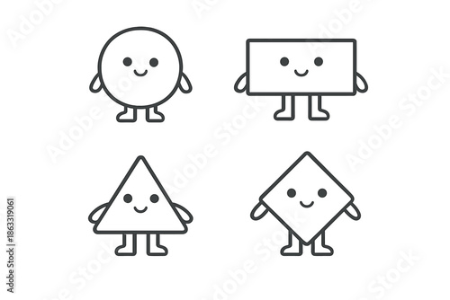 Cute Geometric Shapes with Faces and Limbs on Green Background