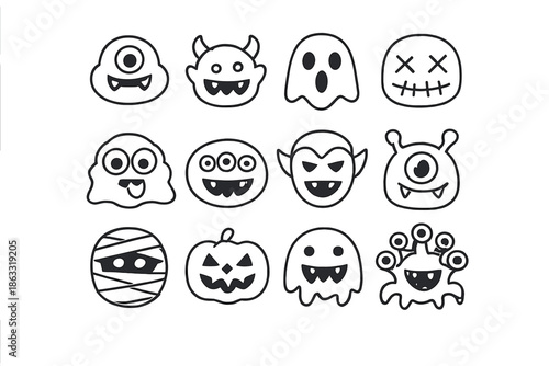 Halloween monster icons, flat outline style