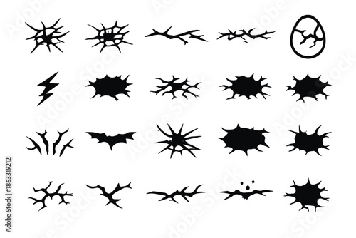 Set of 20 cracked and broken icons on a dark background