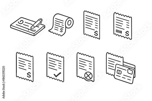 Isometric financial icons with check, receipt and credit card