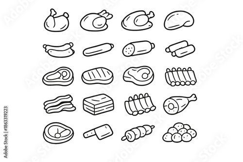 Set of 20 hand-drawn meat icons on a gray background