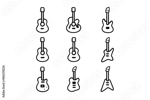 Collection of nine guitar icons in outline style