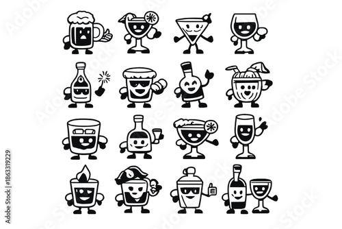 Set of cartoon drink characters with faces and arms