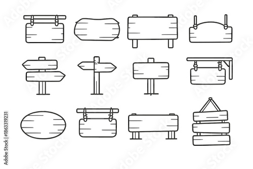 Set of wooden signboards and directional signs