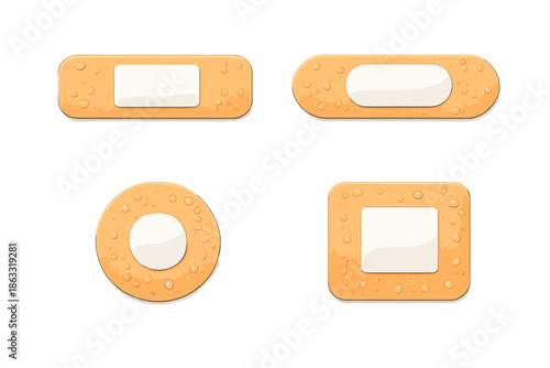 Four different shaped bandages with water droplets