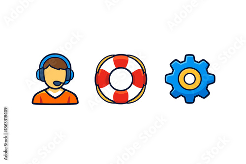Three icons: customer support, life preserver, and gear