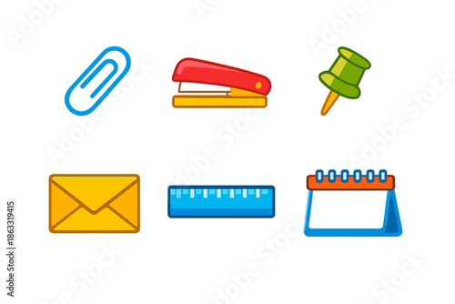 Collection of office supplies icons with glowing effect