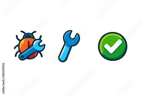 Bug, wrench, and checkmark icons representing debugging, fixing, and success