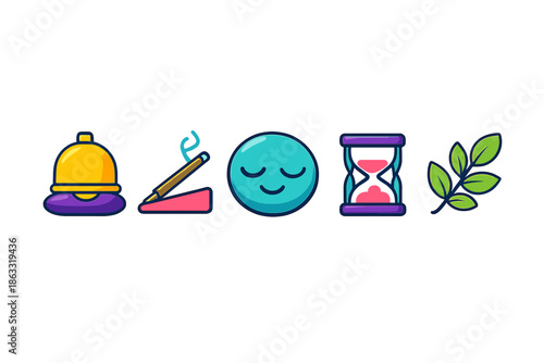 Meditation icons: bell, incense, face, hourglass, branch