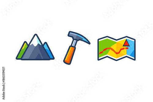 Collection of flat icons representing mountains, geology hammer, and map
