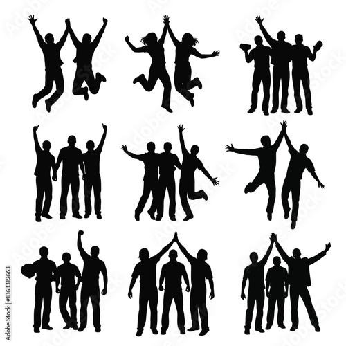 People celebrating teamwork and success together in various dynamic poses