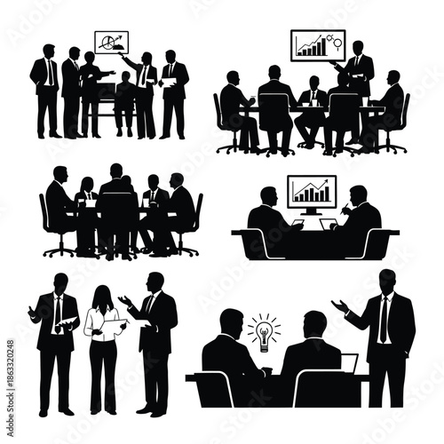 Corporate team collaboration and discussion in a modern office setting with various meeting scenarios and presentations