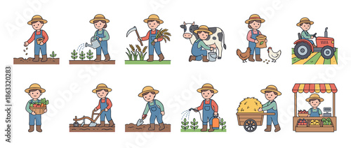 Cartoon farmer character set showing various farming activities and agricultural tasks.