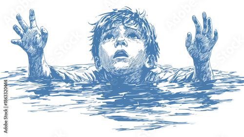 Vector Illustration of Boy Drowning and Screaming for Help in Outline Style