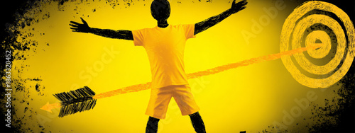 Man throwing spear at target with arms outstretched.