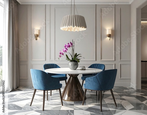 Modern Dining Room with Blue Chairs and Orchid.