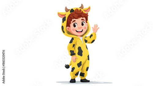Boy Wearing Cow Costume Waving Vector Isolated Outline Illustration
