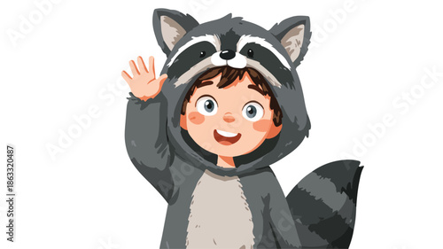 Cute Boy Wearing Raccoon Costume Waving Vector Isolated with Outline