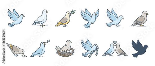 Collection of illustrated pigeons in various poses, including flying, perching, nesting, and carrying an olive branch.