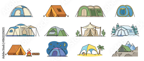 Collection of illustrated camping tents, showcasing various designs and styles, outdoors.