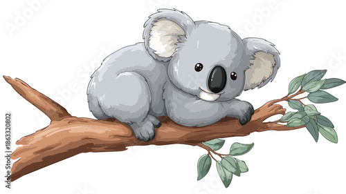 Adorable Koala Cartoon on Tree Vector with Outline Isolated